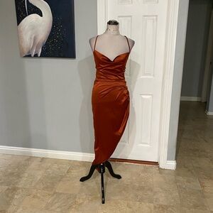 New Large Marthea Satin Chain Strap Midi Dress in rust.